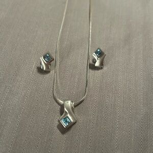 Sterling Silver Blue Topaz Earrings & Necklace Set | 18” Length